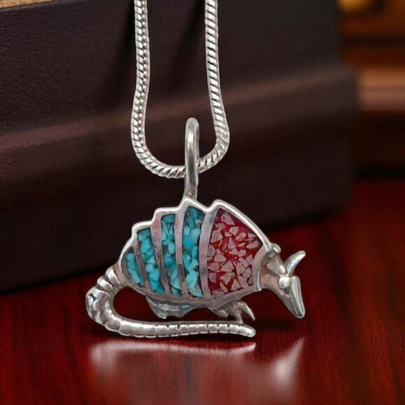 Sterling silver w/ turquoise inlay armadillo necklace - Picture 1 of 9